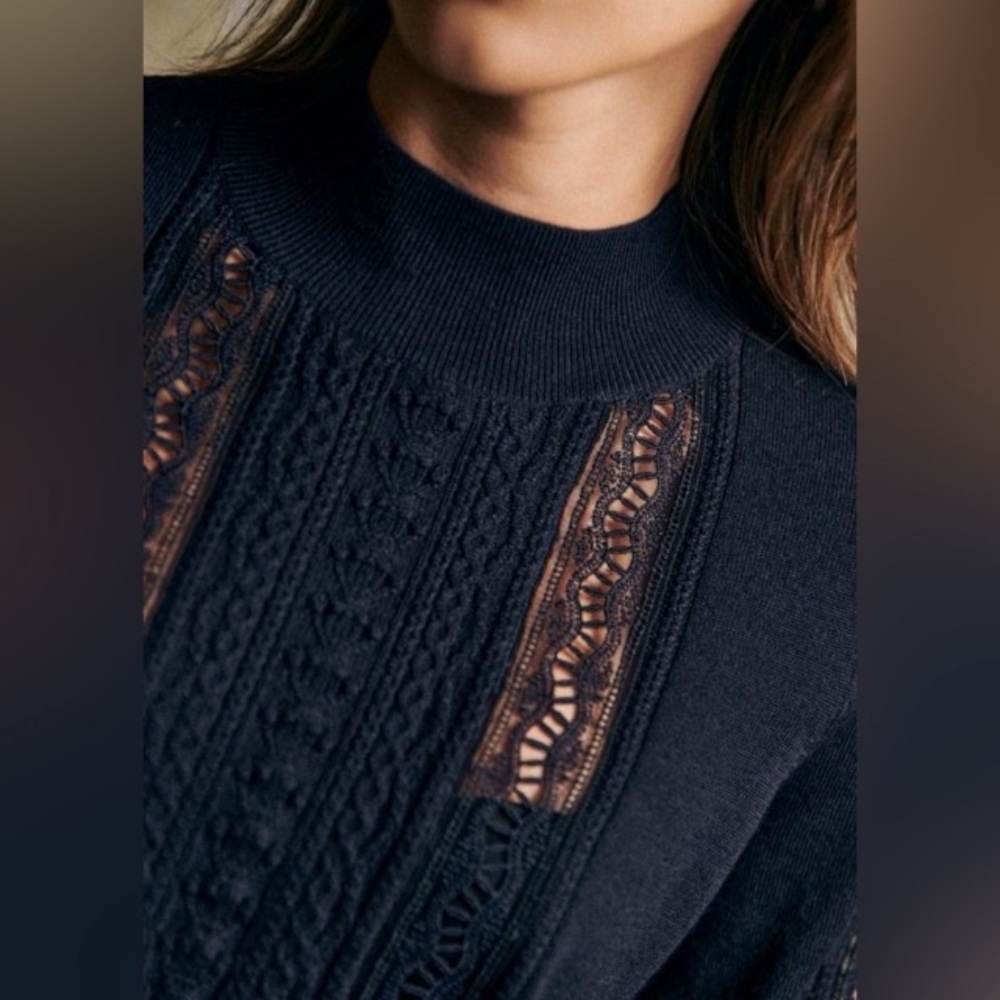 Sezane Navy Blue Lace-Panel Knit Sweater - Picture 2 of 9